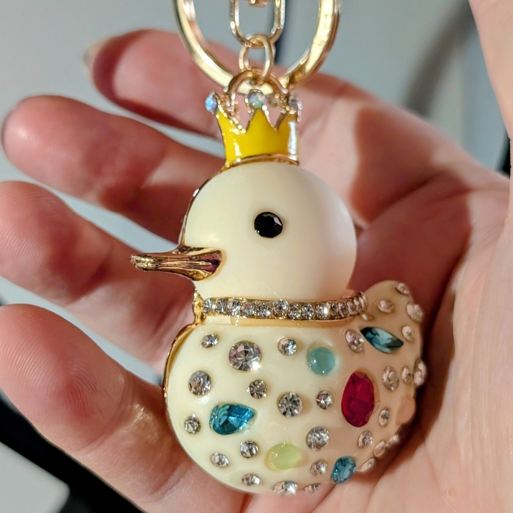Jeweled "Rubber Ducky" Keychain with Crown Pastel Yellow - Picture 3 of 7